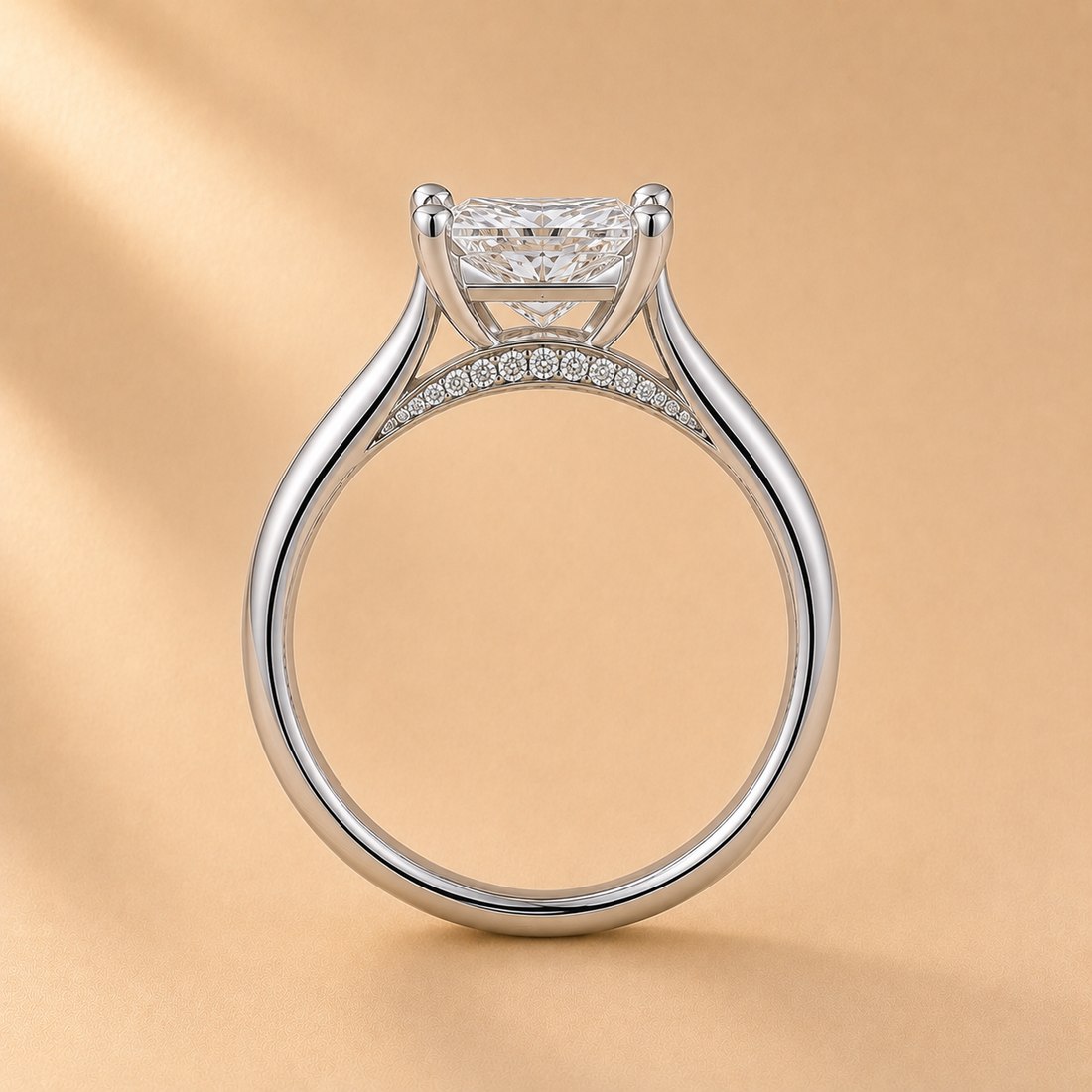 The Undergallery — a pavé row along the under-bridge of the band, visible in profile, white gold
