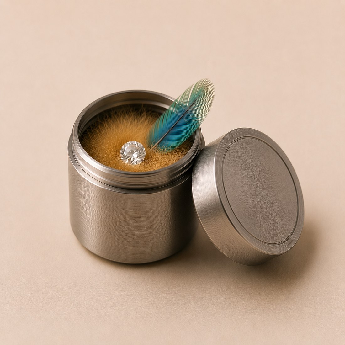 The Repository Capsule, open, holding golden fur, a blue feather and a loose diamond