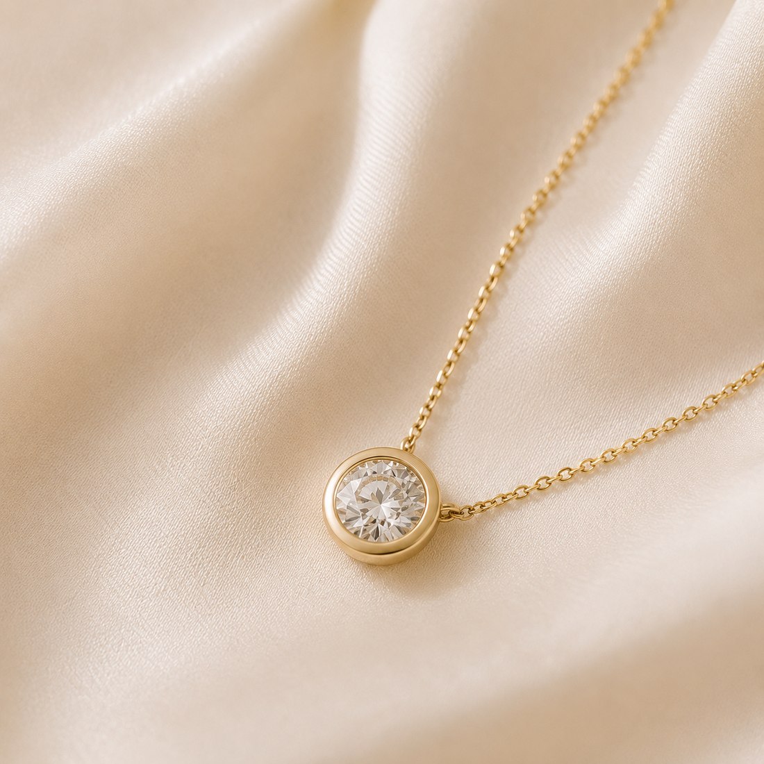 Bezel-set diamond pendant on a fine gold chain