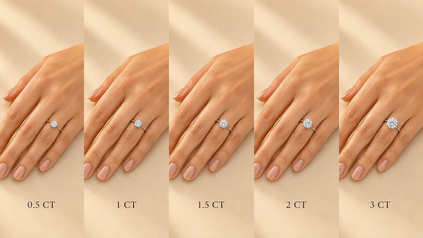Carat sizes from 0.5 to 3 carat shown on a size-6 finger