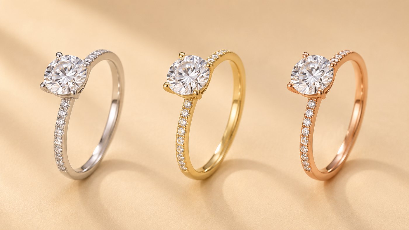 The same pavé setting in white, yellow and rose gold