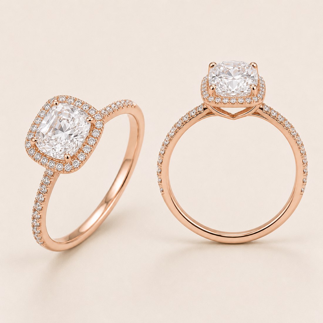 The Cushion Halo — three-quarter and profile views, rose gold